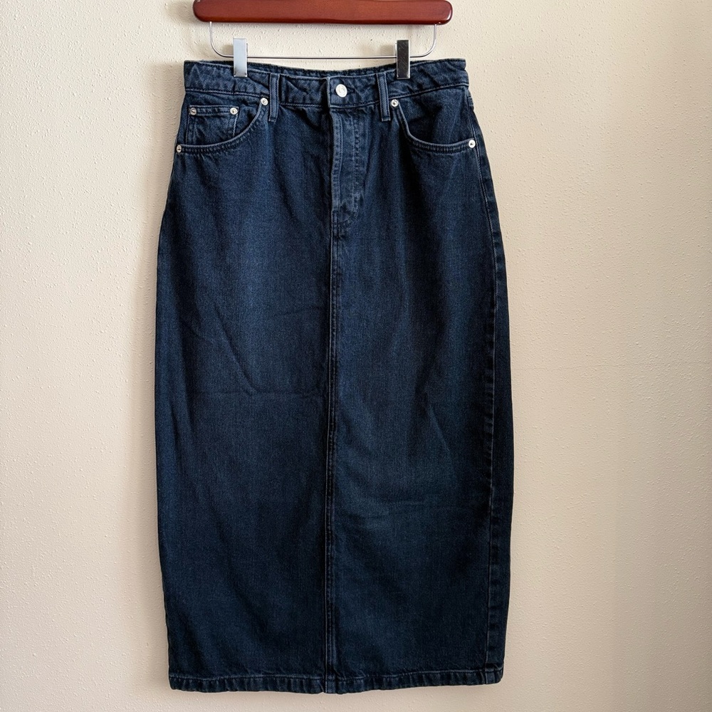 Topshop High Rise Denim Midi Skirt Dark Wash Pencil Size 8